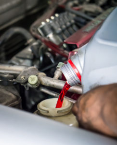close up of transmission fluid being poured into a car